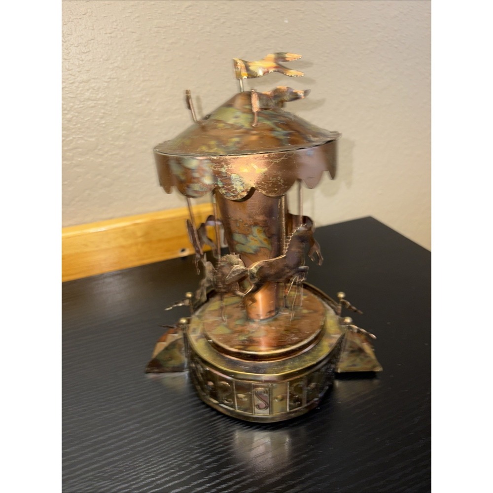 Vintage Copper Wind-Up Musical Carousel Horses 1960s MCM Works
